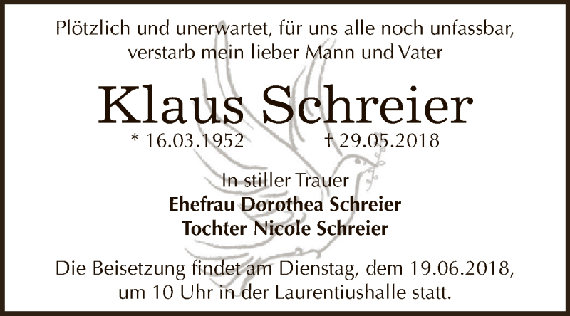  Traueranzeige für Klaus Schreier vom 16.06.2018 aus WVG - Wochenspiegel Dessau / Köthen