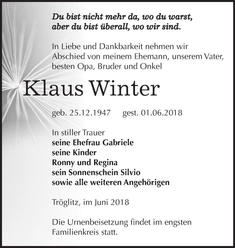  Traueranzeige für Klaus Winter vom 09.06.2018 aus Mitteldeutsche Zeitung Zeitz