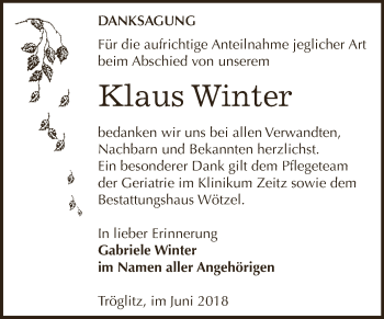 Traueranzeige von Klaus Winter von Super Sonntag Zeitz