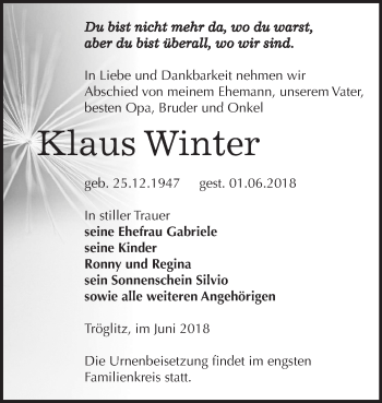 Traueranzeige von Klaus Winter von Mitteldeutsche Zeitung Zeitz