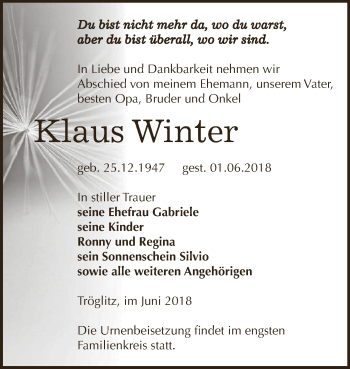 Traueranzeige von Klaus Winter von Super Sonntag Zeitz