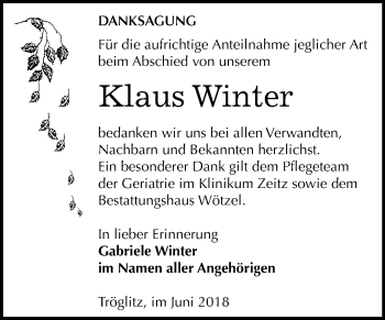 Traueranzeige von Klaus Winter von Mitteldeutsche Zeitung Zeitz
