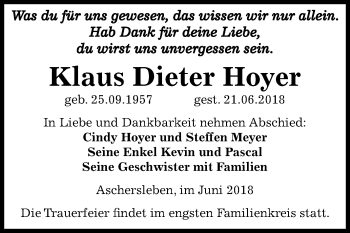 Traueranzeige von Klaus Dieter Hoyer von Mitteldeutsche Zeitung Aschersleben