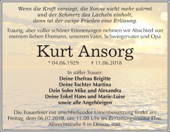 Traueranzeige von Kurt Ansorg von Mitteldeutsche Zeitung Dessau-Roßlau