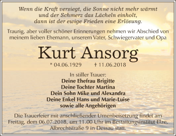 Traueranzeige von Kurt Ansorg von WVG - Wochenspiegel Dessau / Köthen