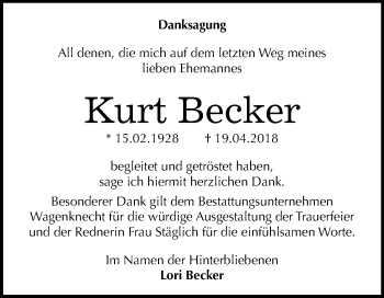 Traueranzeige von Kurt Becker von Mitteldeutsche Zeitung Halle/Saalkreis