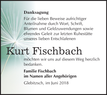 Traueranzeige von Kurt Fischbach von Mitteldeutsche Zeitung Bitterfeld
