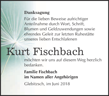 Traueranzeige von Kurt Fischbach von WVG - Wochenspiegel Bitterfeld