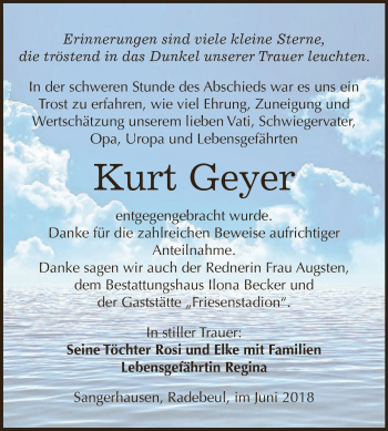 Traueranzeige von Kurt Geyer von Super Sonntag SGH Mansf. Land