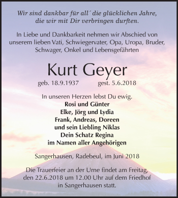Traueranzeige von Kurt Geyer von Mitteldeutsche Zeitung Sangerhausen