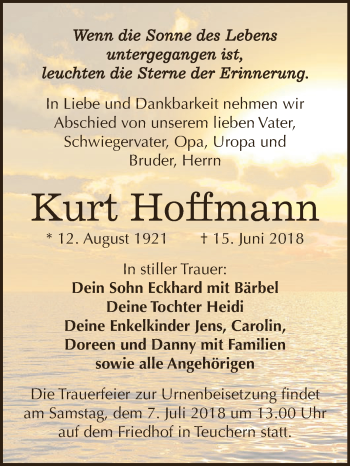 Traueranzeige von Kurt Hoffmann von WVG - Wochenspiegel NMB / WSF / ZTZ