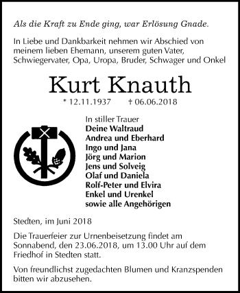 Traueranzeige von Kurt Knauth von Mitteldeutsche Zeitung