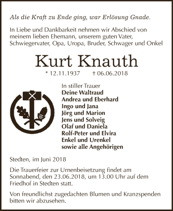 Traueranzeige von Kurt Knauth von Super Sonntag SGH Mansf. Land