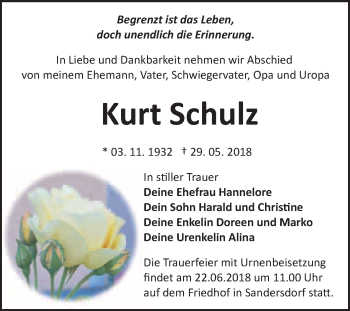Traueranzeige von Kurt Schulz von WVG - Wochenspiegel Bitterfeld