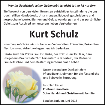 Traueranzeige von Kurt Schulz von Mitteldeutsche Zeitung Bitterfeld