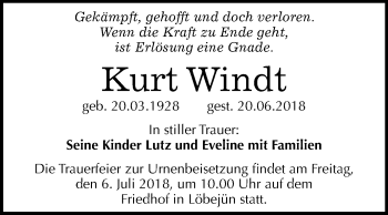 Traueranzeige von Kurt Windt von Mitteldeutsche Zeitung Halle/Saalkreis