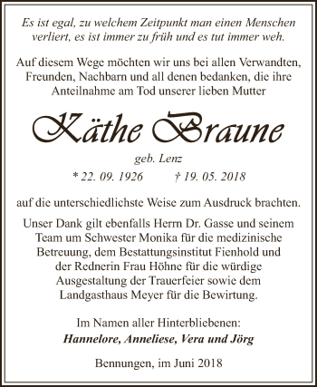 Traueranzeige von Käthe Braune von Super Sonntag SGH Mansf. Land