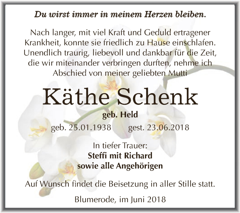  Traueranzeige für Käthe Schenk vom 30.06.2018 aus Super Sonntag SGH Mansf. Land