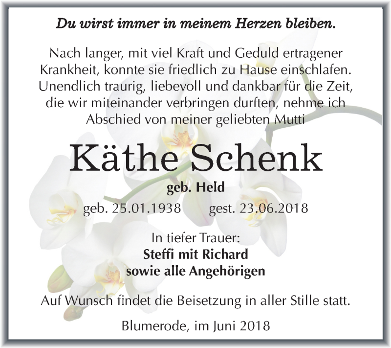  Traueranzeige für Käthe Schenk vom 30.06.2018 aus Mitteldeutsche Zeitung