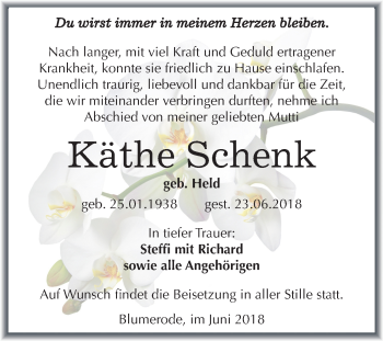 Traueranzeige von Käthe Schenk von Mitteldeutsche Zeitung