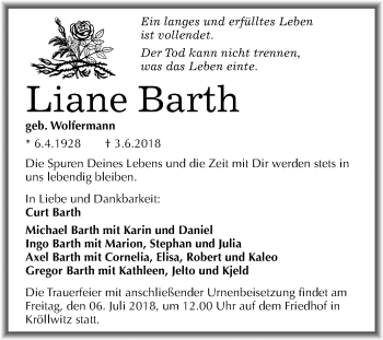 Traueranzeige von Liane Barth von Mitteldeutsche Zeitung Halle/Saalkreis