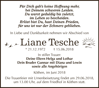 Traueranzeige von Liane Tesche von WVG - Wochenspiegel Dessau / Köthen