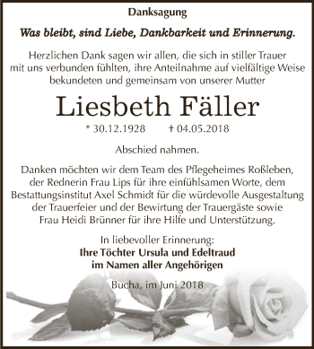 Traueranzeige von Liesbeth Fäller von WVG - Wochenspiegel NMB / WSF / ZTZ
