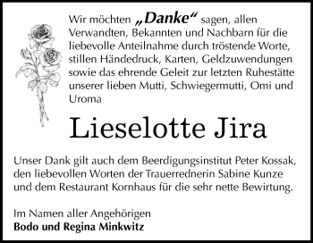 Traueranzeige von Lieselotte Jira von Mitteldeutsche Zeitung Dessau-Roßlau