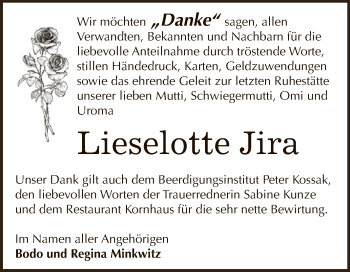 Traueranzeige von Lieselotte Jira von WVG - Wochenspiegel Dessau / Köthen
