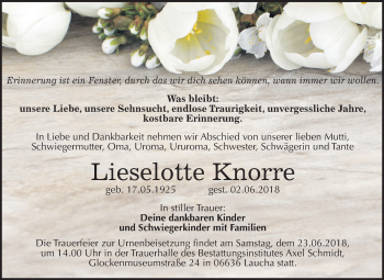 Traueranzeige von Lieselotte Knorre von Mitteldeutsche Zeitung