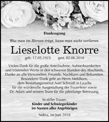Traueranzeige von Lieselotte Knorre von Mitteldeutsche Zeitung