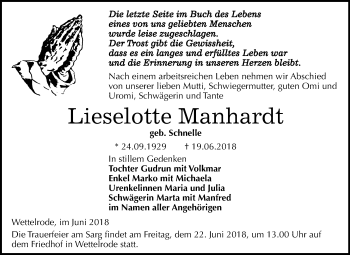 Traueranzeige von Lieselotte Manhardt von Mitteldeutsche Zeitung Sangerhausen