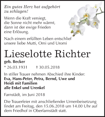 Traueranzeige von Lieselotte Richter von Mitteldeutsche Zeitung Merseburg/Querfurt