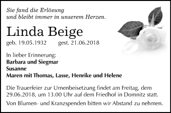 Traueranzeige von Linda Beige von Mitteldeutsche Zeitung Halle/Saalkreis