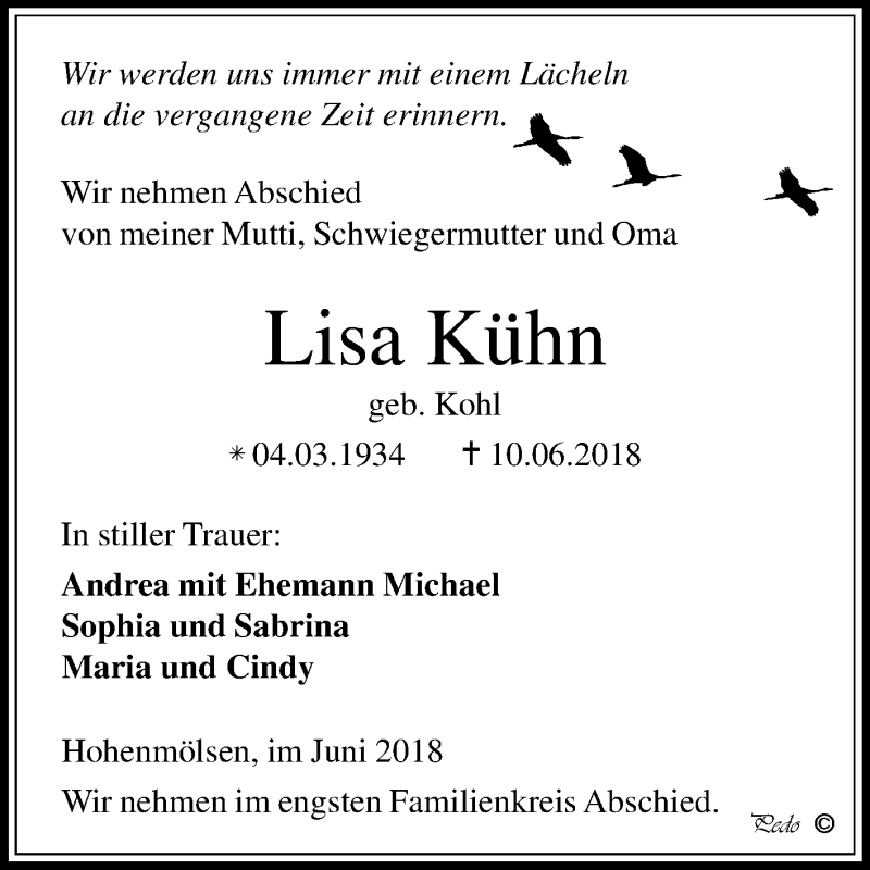  Traueranzeige für Lisa Kühn vom 16.06.2018 aus Mitteldeutsche Zeitung Weißenfels