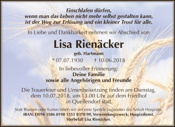 Traueranzeige von Lisa Rienäcker von WVG - Wochenspiegel Dessau / Köthen