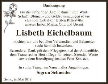 Traueranzeige von Lisbeth Eichelbaum von WVG - Wochenspiegel Dessau / Köthen