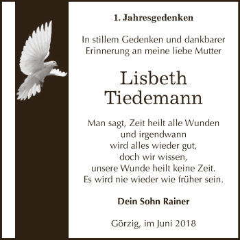 Traueranzeige von Lisbeth Tiedemann von WVG - Wochenspiegel Dessau / Köthen