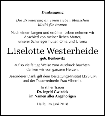 Traueranzeige von Liselotte Westerheide von Mitteldeutsche Zeitung Halle/Saalkreis