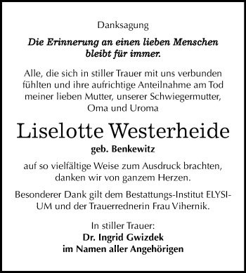 Traueranzeige von Liselotte Westerheide von Mitteldeutsche Zeitung Halle/Saalkreis