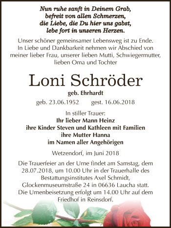 Traueranzeige von Loni Schröder von WVG - Wochenspiegel NMB / WSF / ZTZ