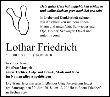 Traueranzeige von Lothar Friedrich von Mitteldeutsche Zeitung Bitterfeld