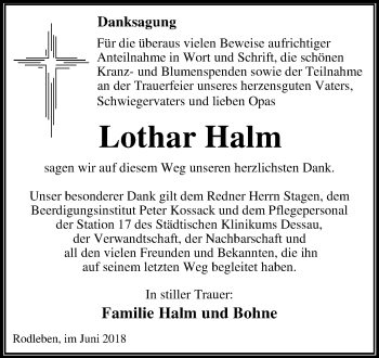 Traueranzeige von Lothar Halm von Mitteldeutsche Zeitung Dessau-Roßlau