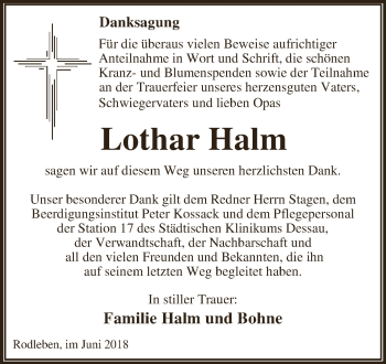 Traueranzeige von Lothar Halm von WVG - Wochenspiegel Dessau / Köthen