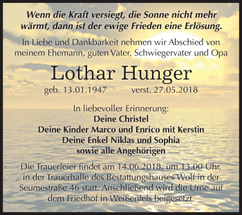 Traueranzeige von Lothar Hunger von Mitteldeutsche Zeitung Weißenfels