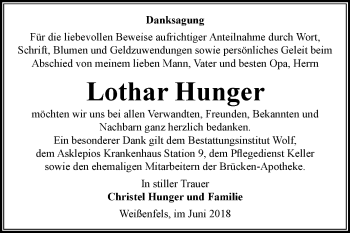 Traueranzeige von Lothar Hunger von Mitteldeutsche Zeitung Weißenfels