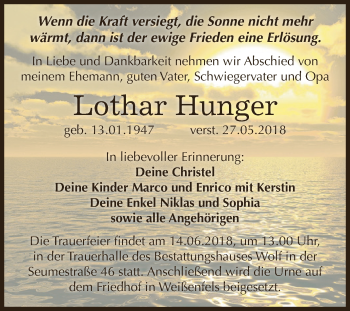 Traueranzeige von Lothar Hunger von WVG - Wochenspiegel NMB / WSF / ZTZ