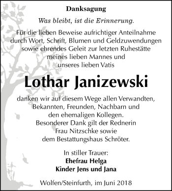 Traueranzeige von Lothar Janizewski von Mitteldeutsche Zeitung Bitterfeld