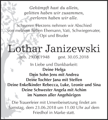 Traueranzeige von Lothar Janizewski von WVG - Wochenspiegel Bitterfeld