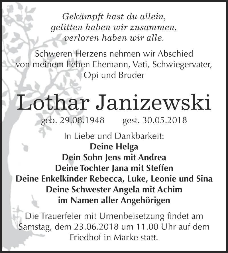  Traueranzeige für Lothar Janizewski vom 06.06.2018 aus WVG - Wochenspiegel Bitterfeld